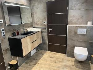 a bathroom with a sink and a toilet and a mirror at Maison à BUHL in Buhl +30 photos
