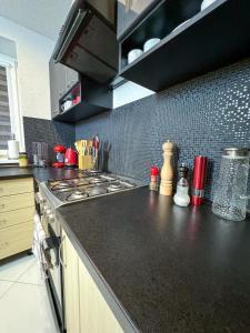 a kitchen with a stove and a counter top at Chata s vírivkou in Liptovská Kokava +42 photos