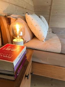 a bedroom with a bed and a table with books at Lipowe Zapłocie in Czeremcha