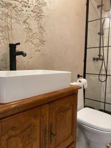 a bathroom with a white sink and a toilet at Lipowe Zapłocie in Czeremcha +32 photos