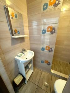 une salle de bain avec un lavabo, des toilettes et un miroir dans l'établissement Vila Maria, à Eforie Nord