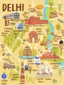 ニューデリーにあるLutyen's Delhi Neighbourhood Prime Stayの名所や記念碑のあるデリーの地図