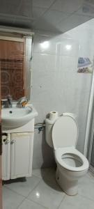 a white bathroom with a toilet and a sink at Grand Appt près de la mer in Hajreien