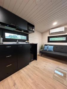 a living room with a black kitchen and a couch at The Saunacabin Enchanted Lapland in Rovaniemi