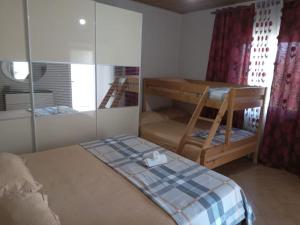 een kleine slaapkamer met een stapelbed en een ladder bij The Little Oasis Villa in Shkodër