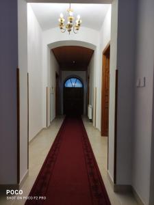 a hallway with a red carpet and a black door at Zámecká pošta penzion in Neznašov
