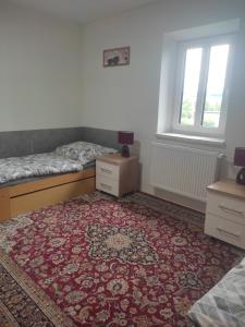 a bedroom with a bed and a rug at Ubytování Na Slunku 2 in Velká Kraš