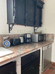 a kitchen with a counter top with a microwave at Calme Normand in Saint-Martin-Plage +21 photos
