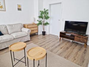 ein Wohnzimmer mit Sofa und Fernseher in der Unterkunft stayVision LS1 Wohnung 1 - 2 Schlafzimmer - 6 Gäste - top WLAN in Wuppertal