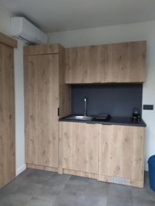 a kitchen with wooden cabinets and a sink at Au coin des Lilas - studio 2 in Le Mans +6 photos