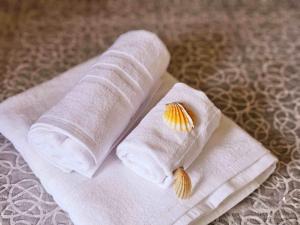 a rolled up towel with a shell on top of it at Petralia Guest House in Castelmola
