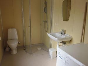 a bathroom with a shower and a sink and a toilet at The blue house, Røldal in Røldal