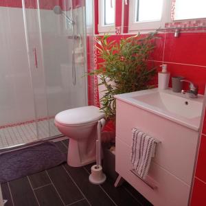 Saint-Nazaire-en-RoyansにあるG de Laureのトイレ、洗面台、シャワー付きのバスルーム +23枚の写真