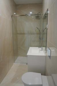 a bathroom with a shower and a toilet and a sink at Alojamento Fortaleza in Valença