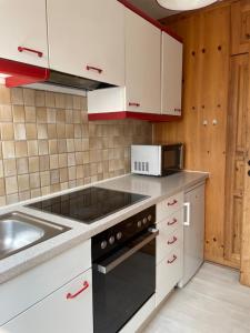 メミンゲンにあるAlpen-Hostel Apartment Südgrat mit Motorradvermietungのキッチン(白いキャビネット、黒いコンロ付)