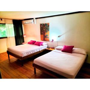 two beds with pink pillows in a room at Cabinas Coconut Grove in Puerto Viejo
