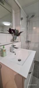 a white bathroom with a sink and a mirror at Haslacher Berg in Kempten Allgäu in Kempten