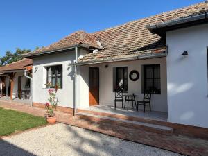 a small white house with a table and chairs at Annushka Apartman in Sarud