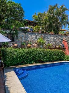 a swimming pool in front of a wall with plants at La Casa del Guamúchil in Tequesquitengo