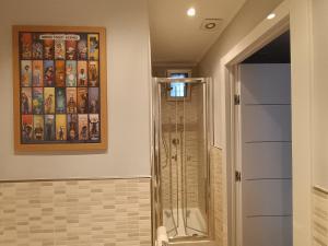 a shower in a bathroom with a picture on the wall at Centralissimo grazioso monolocale in Turin +30 photos