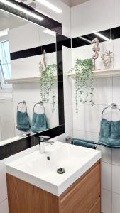 een badkamer met een wastafel en een spiegel bij Hafenidyll 46 in Ostseebad Karlshagen