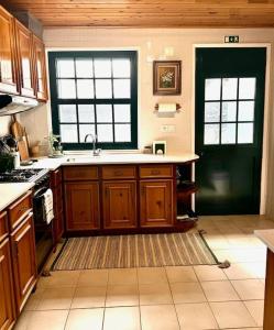 a kitchen with wooden cabinets and a sink and a door at Pico Island Villas 2 - Ocean Front & UNESCO Heritage Century-Old Grapevines in Madalena +26 photos