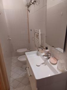 a bathroom with a sink and a toilet and a mirror at CasAnnalisa - bilocale in centro storico in Faenza +6 photos