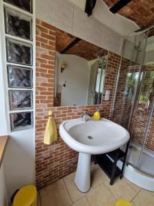 a bathroom with a white sink and a shower at Stara Kuźnia Radków in Radków +28 photos