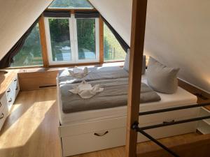 a bedroom with a bunk bed in a tiny house at Zum Ilmwinkel in Bad Sulza