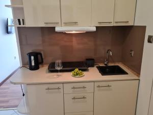 a kitchen with a sink and a plate of food at Sea View Slavia in Międzyzdroje