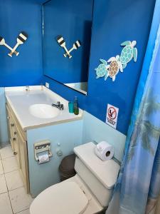 a bathroom with a toilet and a sink and a mirror at Kasa Mar in Puerto Villamil