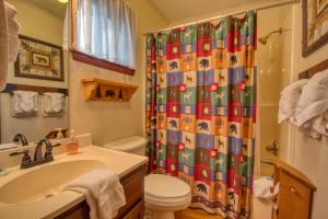 a bathroom with a shower curtain with a toilet and a sink at Bear Cabin #462 in Gatlinburg +17 photos