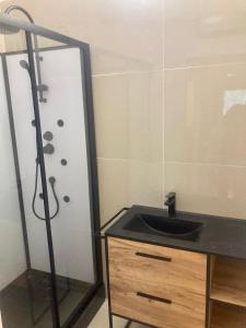 La salle de bains est pourvue d'un lavabo noir et d'une douche. dans l'établissement Charmant appartement au calme sur jardin, à Saint-Brice-sous-Forêt