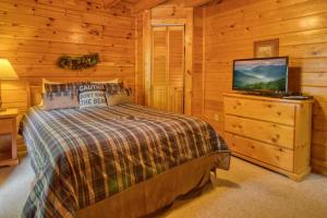 a bedroom with a bed and a dresser with a tv at Buddy Bear #249 in Pigeon Forge +21 photos