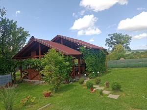 a garden with a wooden pavilion in a yard at Nárcisz B&B in Corund