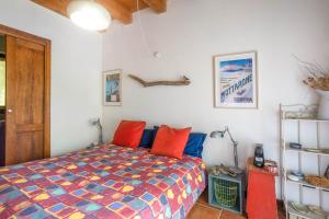 ein Schlafzimmer mit einem Bett mit roten und blauen Kissen in der Unterkunft La Grubla un rifugio nel bosco in Mergozzo
