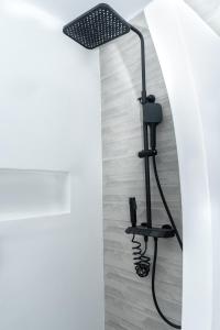 a shower in the corner of a room at Allegro seasight appartment in Livadi Astypalaias