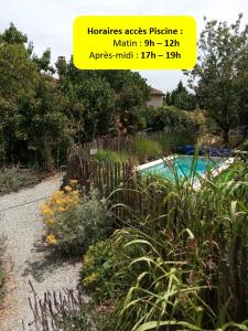 un panneau pour un jardin avec une piscine et des plantes dans l'établissement Maison tout confort avec Piscine, à Saint-Martin-de-Londres