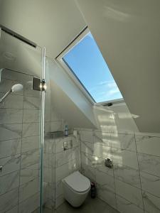 a bathroom with a toilet and a window at Wzgórze nad Jeziorem Blanki in Żegoty +18 photos