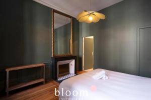 Le Lafayette Coeur de ville 6 personnes في نانسي: غرفة نوم بسرير مع موقد ومرآة +19 صورة