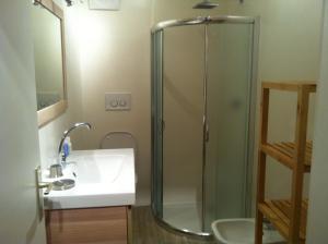 ボルツァーノにあるCasa Laurino In Centro A Bolzanoのバスルーム(洗面台、ガラス張りのシャワー付)