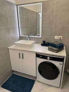 ein Badezimmer mit Waschbecken und Waschmaschine in der Unterkunft Appartement 4 personnes idéal Disney et Paris in Torcy