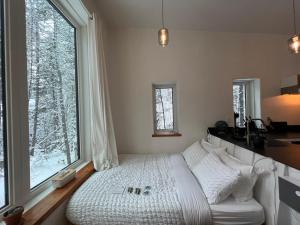 a bedroom with a bed and a large window at Black Spruce - Yellow Door in Whitehorse