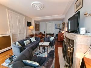 un soggiorno con divani blu e camino di Chambre "Diane" avec salle d'eau privative et petit-déjeuner à Châteauroux - FR-1-591-602 a Châteauroux