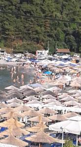 eine Menschenmenge an einem Strand mit Sonnenschirmen in der Unterkunft Chrisi Akti Hotel in Skala Potamias