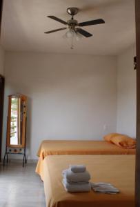 a bedroom with a bed with a ceiling fan at BM Zihua Casa de Huéspedes in Zihuatanejo