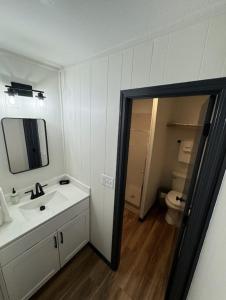 a bathroom with a sink and a mirror and a toilet at Deluxe Double Suite - Lake View in Osage Beach