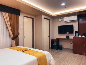 レガスピにあるEmmie Hotelのベッドとテレビがあるホテルの部屋