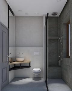 a bathroom with a shower and a toilet and a sink at Athos Villas in Ouranoupoli