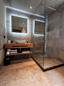 a bathroom with a sink and a glass shower at Hoisler's Appartements in Ehrwald +17 photos
